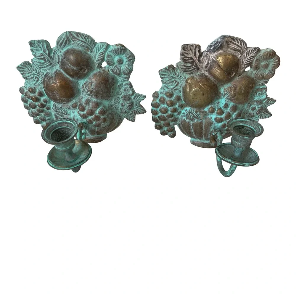 Vintage Brass Fruit Basket Wall Sconces Pair Verdigris Patina Grapes Floral